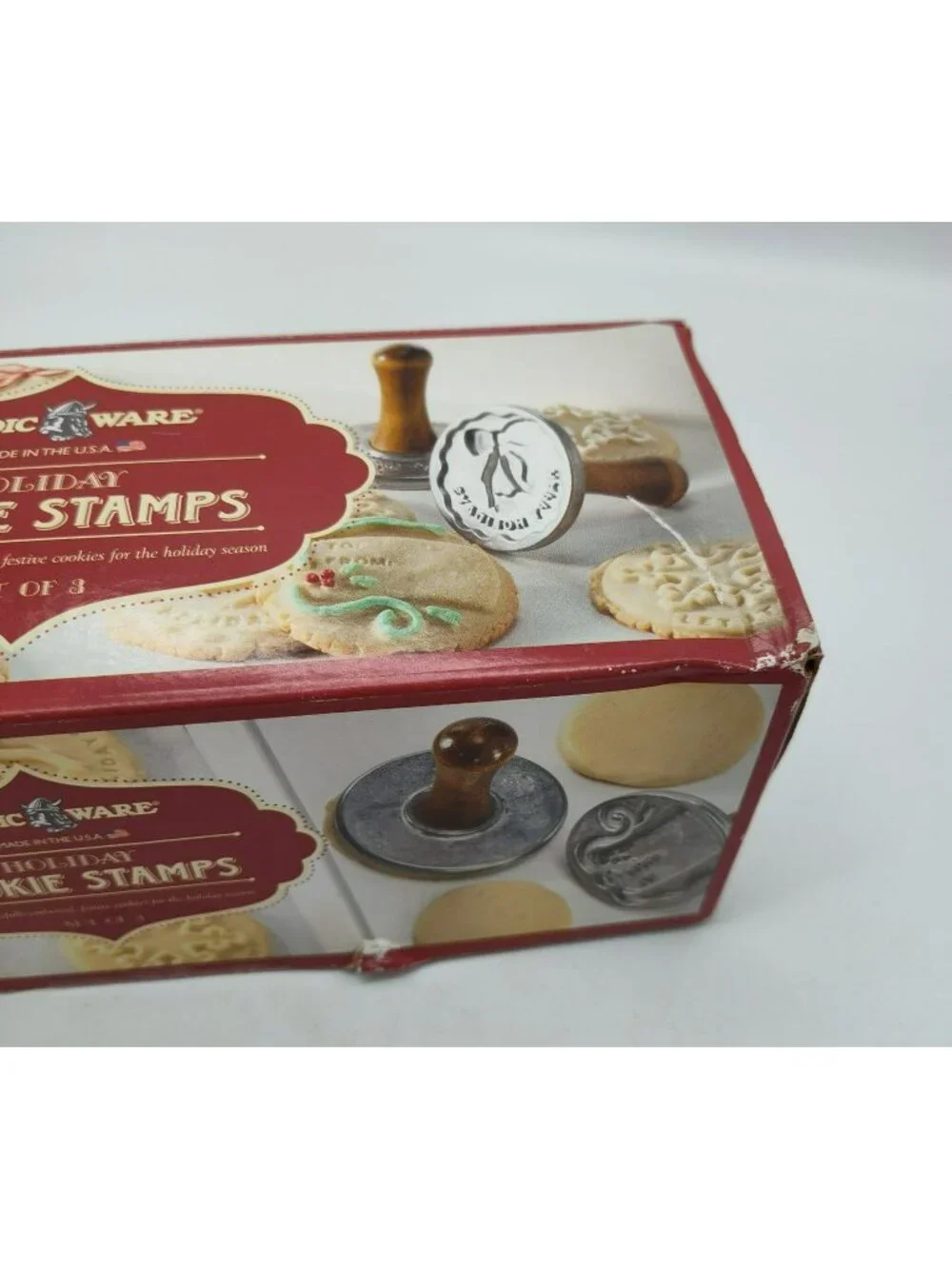 Nordic Ware Set of 3 Holiday Cookie Stamps Made USA Snow Bow Gift Tag Box damage